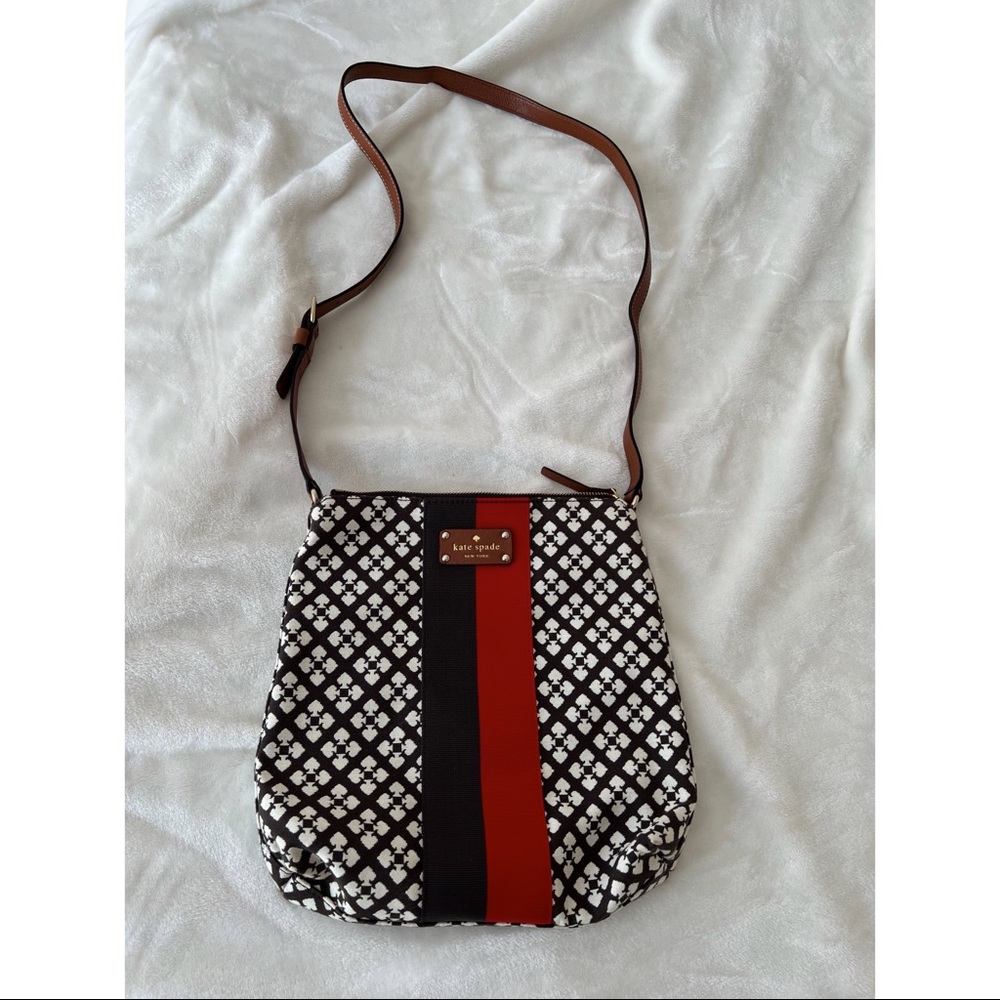 Kate Spade Brown/White pattern crossbody with red stripe